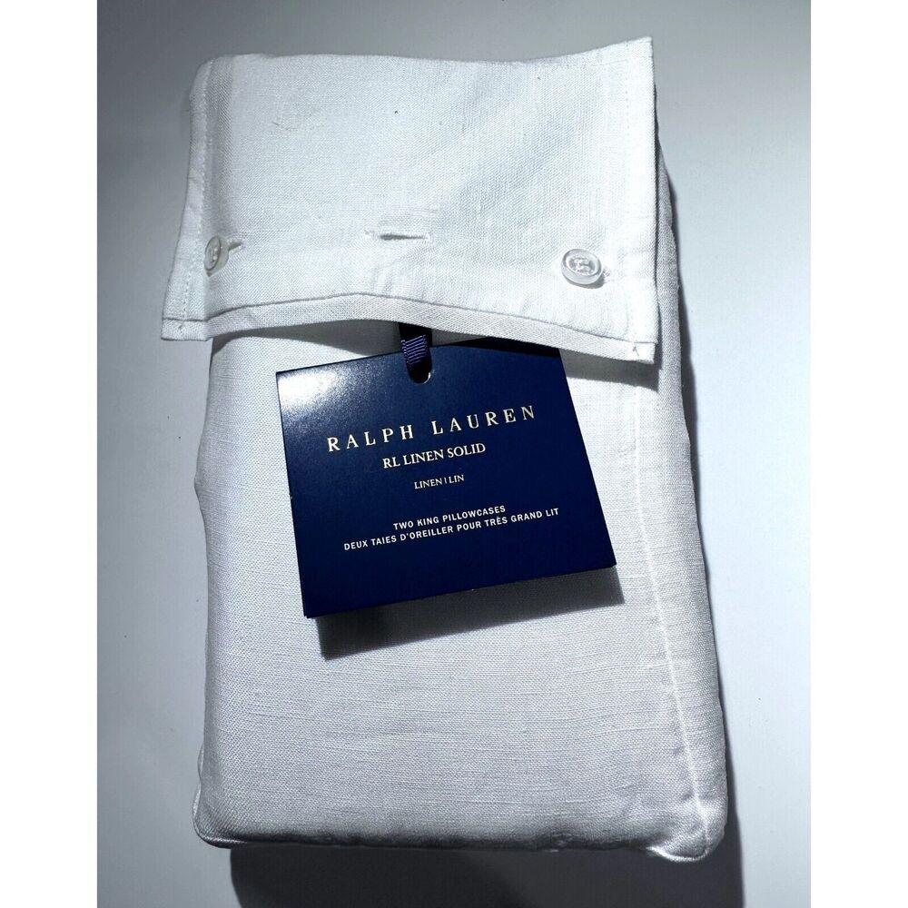 Lauren Ralph Lauren RL Linen Solid Set of 2 King Pillowcases Pebble Polo NEW